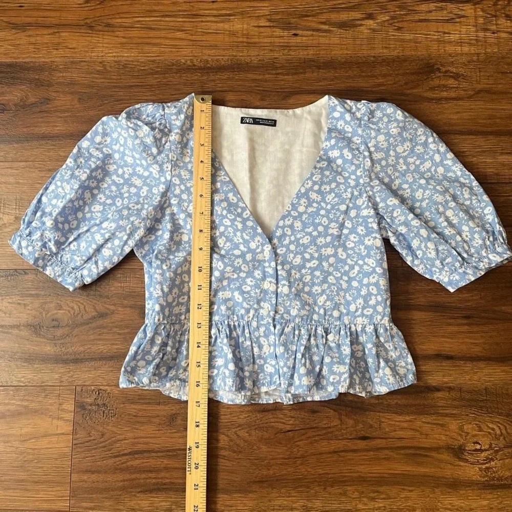 Zara Blue Floral Crop Top Women XS Vneck Puff Sleeves Coquette Cottagecore Boho - Picture 3 of 5